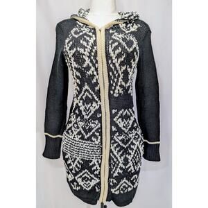Venus Black White Hooded Knit Cardigan Sweater Coat Zip Front Size Small